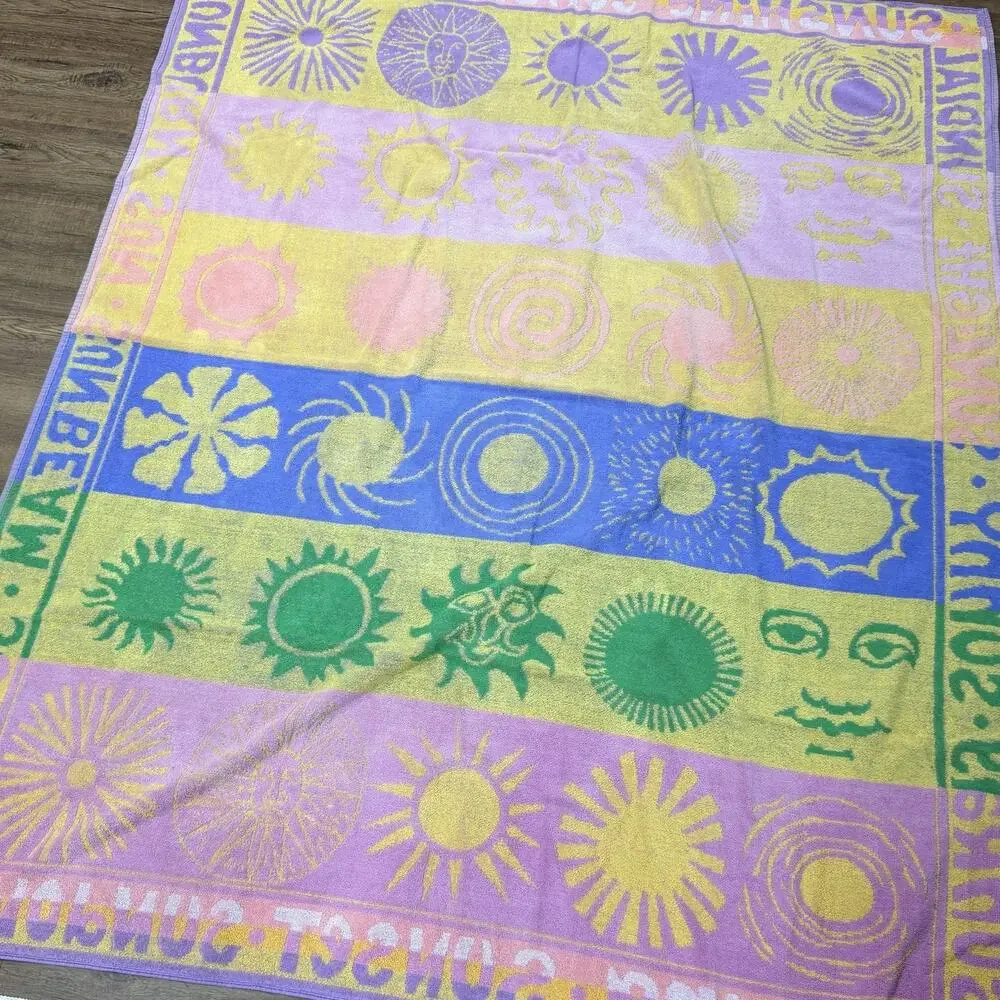 Oversized Square Beach Blanket Pool Towel Terry Cotton 1990s Sun Sunshine 52x68